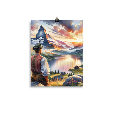 Aquarell einer Berglandschaft in der goldenen Stunde mit österreichischem Wanderer - Premium Poster (glänzend) wandern xxx yyy zzz 27.9 x 35.6 cm