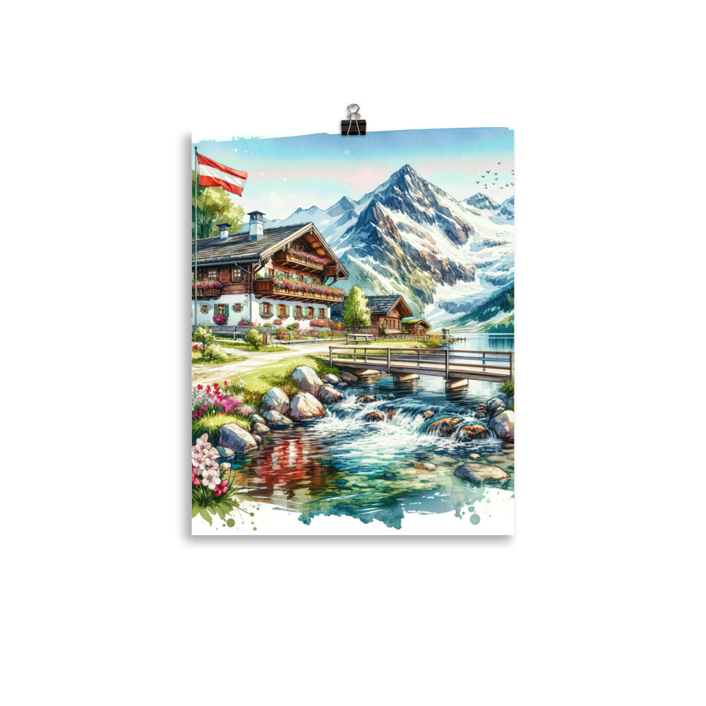 Aquarell der frühlingshaften Alpenkette mit österreichischer Flagge und schmelzendem Schnee - Premium Poster (glänzend) berge xxx yyy zzz 27.9 x 35.6 cm