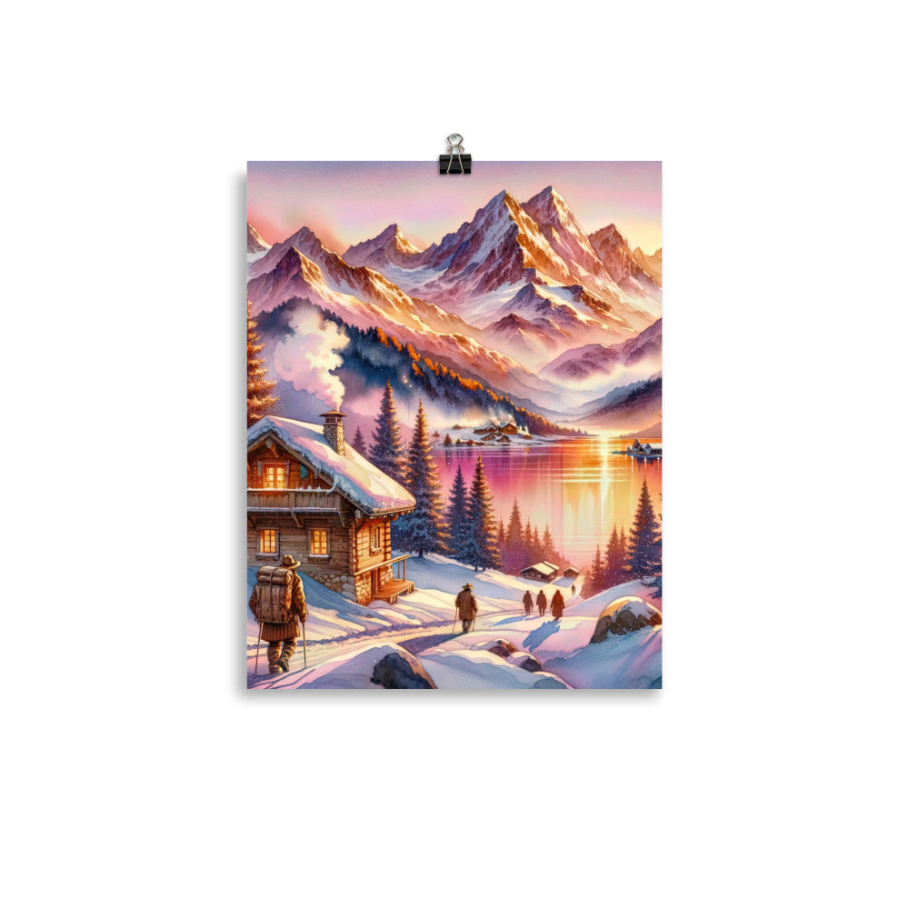 Aquarell eines Alpenpanoramas mit Wanderern bei Sonnenuntergang in Rosa und Gold - Premium Poster (glänzend) wandern xxx yyy zzz 27.9 x 35.6 cm