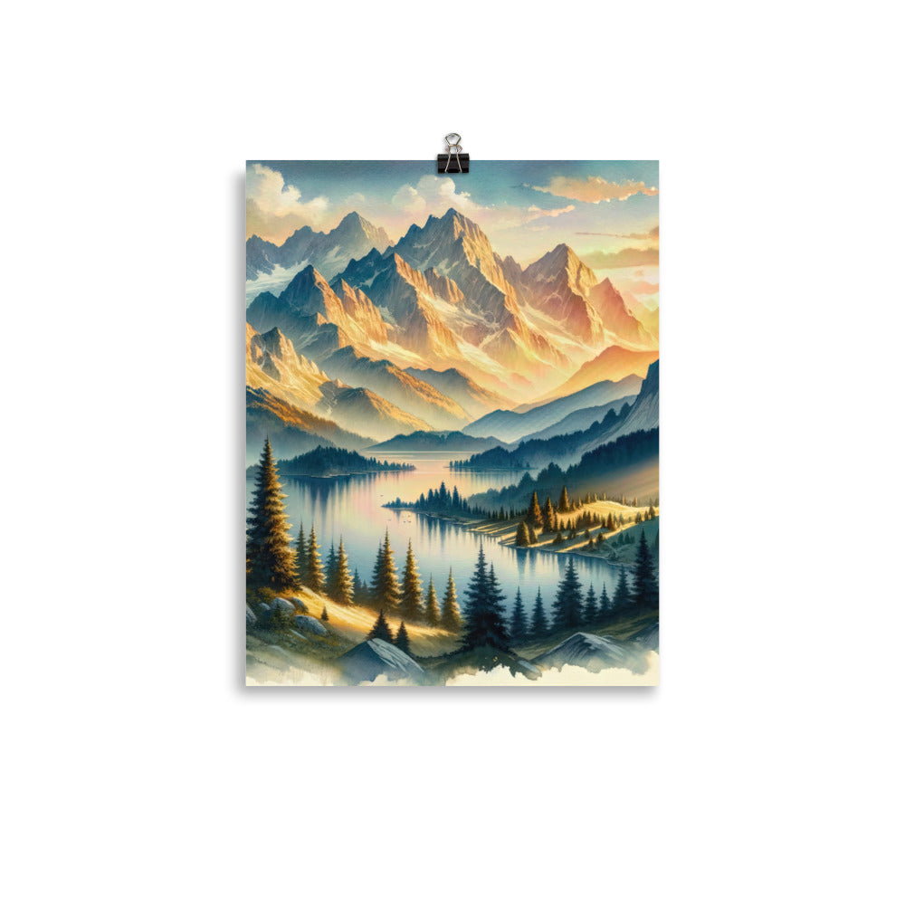 Aquarell der Alpenpracht bei Sonnenuntergang, Berge im goldenen Licht - Premium Poster (glänzend) berge xxx yyy zzz 27.9 x 35.6 cm