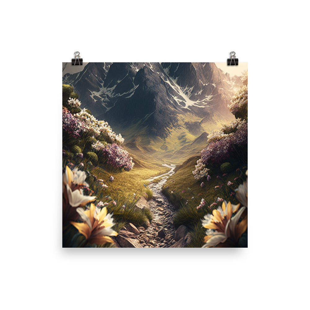 Epischer Berg, steiniger Weg und Blumen - Realistische Malerei - Premium Poster (glänzend) berge xxx 30.5 x 30.5 cm