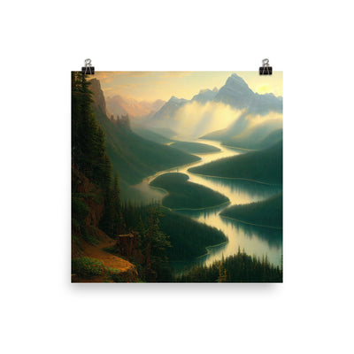 Landschaft mit Bergen, See und viel grüne Natur - Malerei - Premium Poster (glänzend) berge xxx 30.5 x 30.5 cm