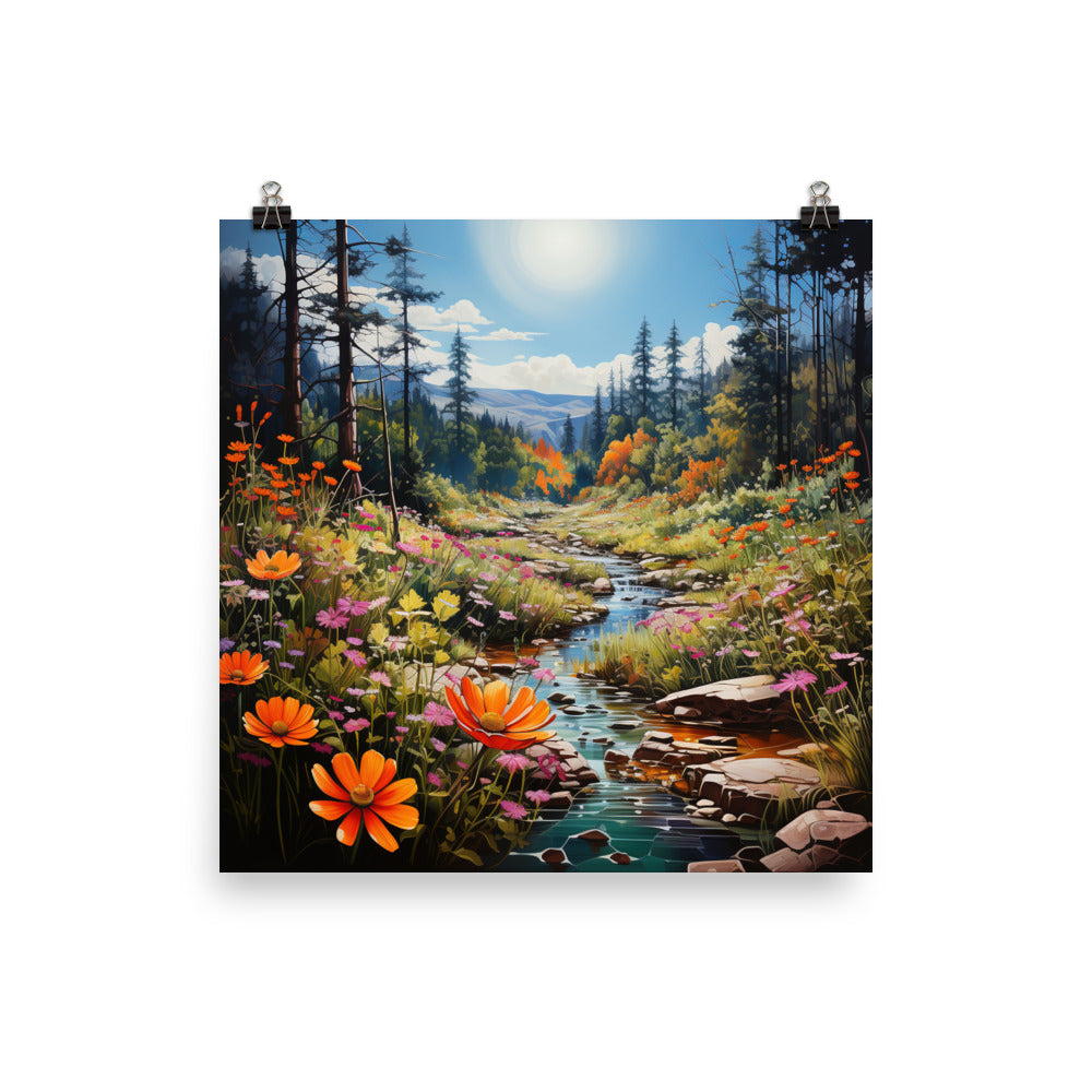 Berge, schöne Blumen und Bach im Wald - Premium Poster (glänzend) berge xxx 30.5 x 30.5 cm