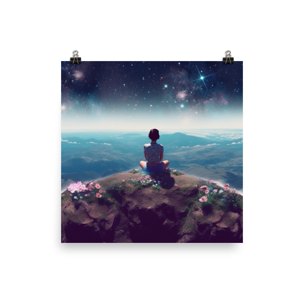 Frau sitzt auf Berg – Cosmos und Sterne im Hintergrund - Landschaftsmalerei - Premium Poster (glänzend) berge xxx 30.5 x 30.5 cm