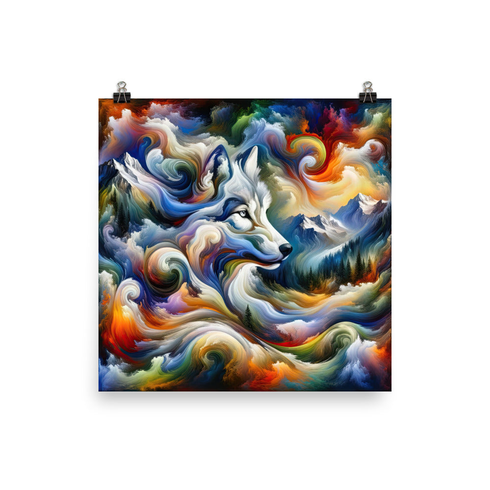 Abstraktes Alpen Gemälde: Wirbelnde Farben und Majestätischer Wolf, Silhouette (AN) - Premium Poster (glänzend) xxx yyy zzz 30.5 x 30.5 cm