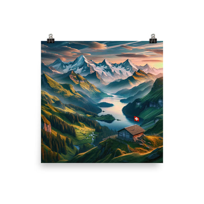 Schweizer Flagge, Alpenidylle: Dämmerlicht, epische Berge und stille Gewässer - Premium Poster (glänzend) berge xxx yyy zzz 30.5 x 30.5 cm