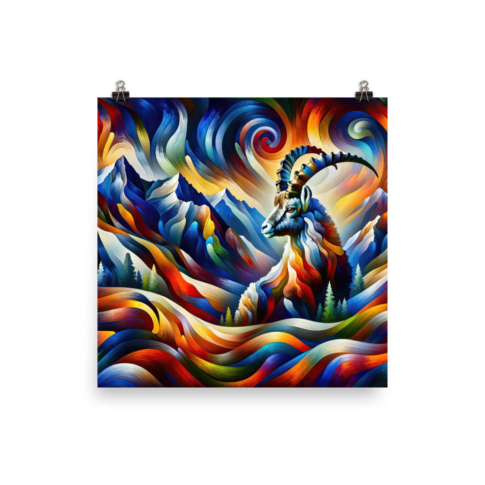 Alpiner Steinbock: Abstrakte Farbflut und lebendige Berge - Premium Poster (glänzend) berge xxx yyy zzz 30.5 x 30.5 cm