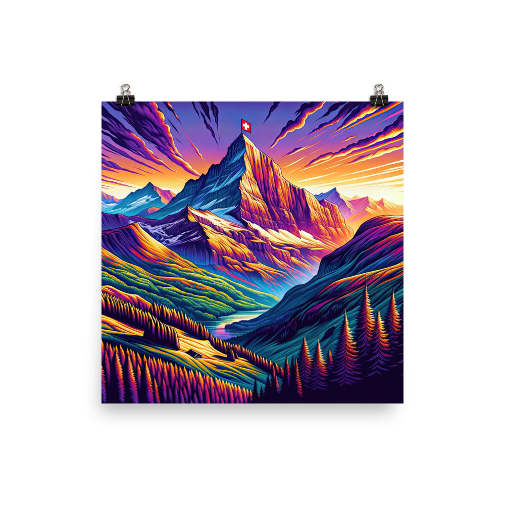 Bergpracht mit Schweizer Flagge: Farbenfrohe Illustration einer Berglandschaft - Premium Poster (glänzend) berge xxx yyy zzz 30.5 x 30.5 cm