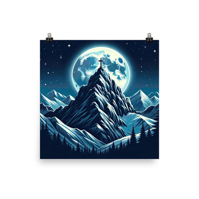 Mondnacht und Gipfelkreuz in den Alpen, glitzernde Schneegipfel - Premium Poster (glänzend) berge xxx yyy zzz 30.5 x 30.5 cm