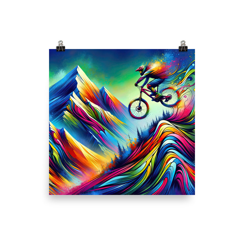 Mountainbiker in farbenfroher Alpenkulisse mit abstraktem Touch (M) - Premium Poster (glänzend) xxx yyy zzz 30.5 x 30.5 cm