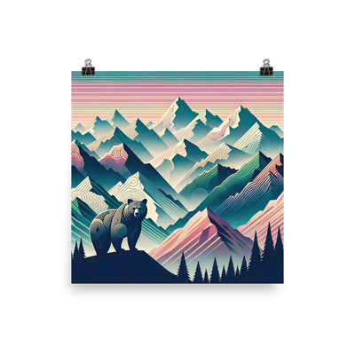 Bär im Panoramablick der Alpen, moderne Kunst-Gebirgsschichten - Premium Poster (glänzend) camping xxx yyy zzz 30.5 x 30.5 cm