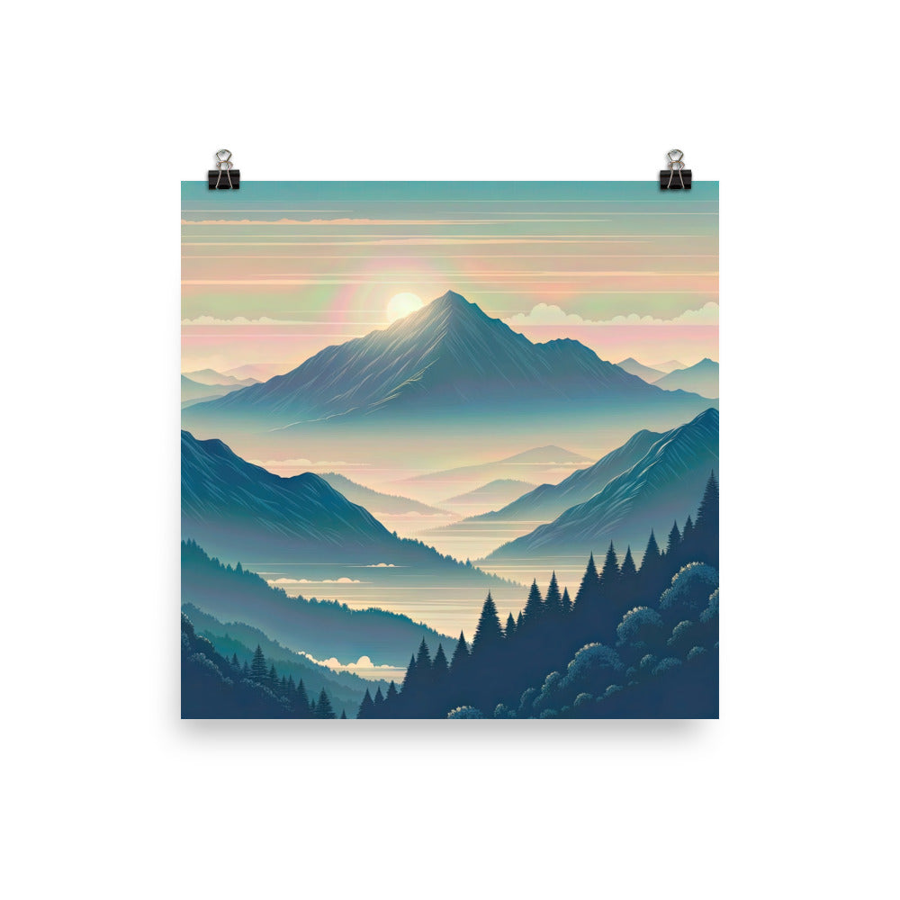 Bergszene bei Morgendämmerung, erste Sonnenstrahlen auf Bergrücken - Premium Poster (glänzend) berge xxx yyy zzz 30.5 x 30.5 cm