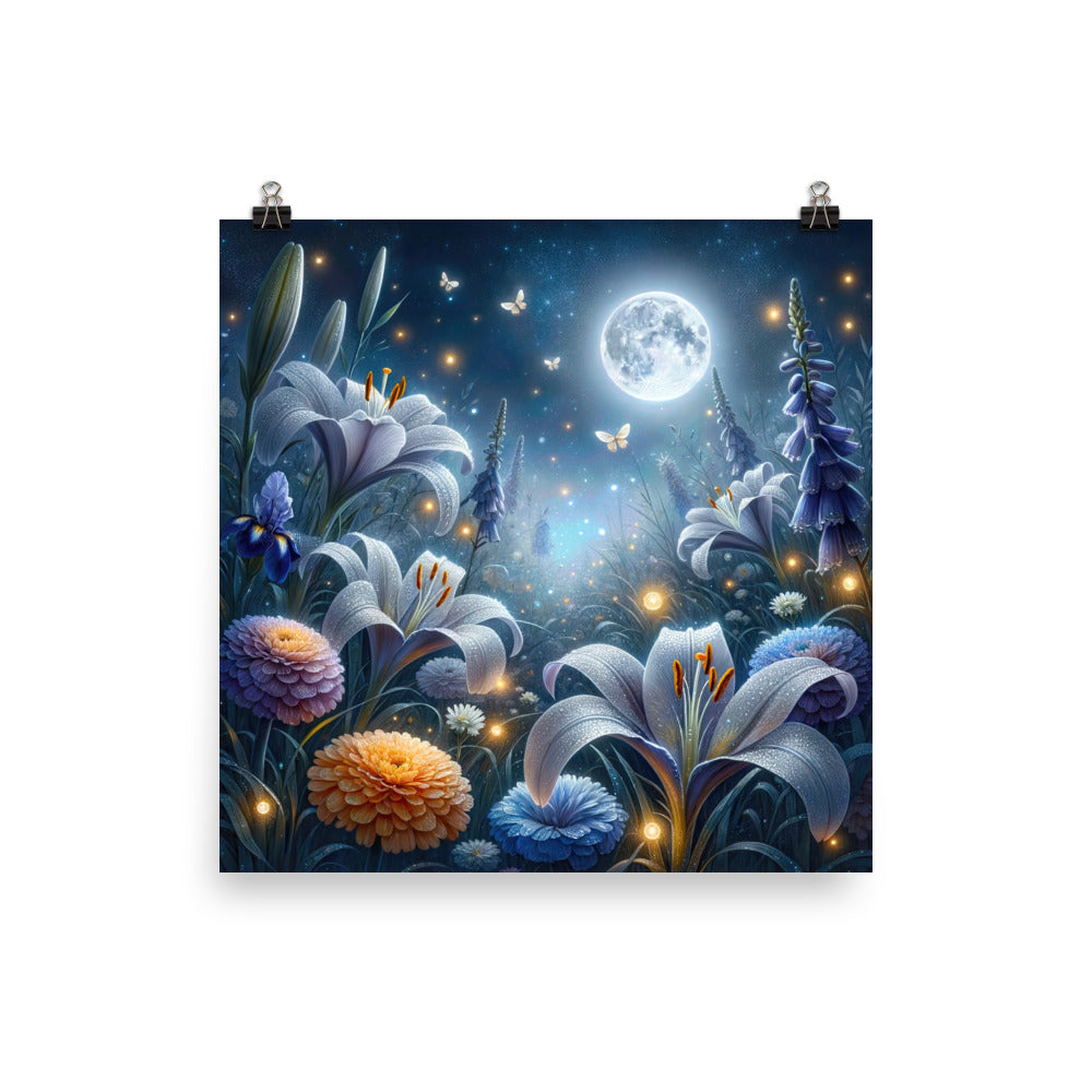 Ätherische Mondnacht auf blühender Wiese, silbriger Blumenglanz - Premium Poster (glänzend) camping xxx yyy zzz 30.5 x 30.5 cm