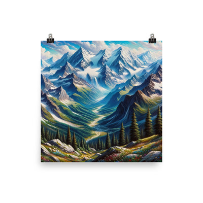 Panorama-Ölgemälde der Alpen mit schneebedeckten Gipfeln und schlängelnden Flusstälern - Premium Poster (glänzend) berge xxx yyy zzz 30.5 x 30.5 cm