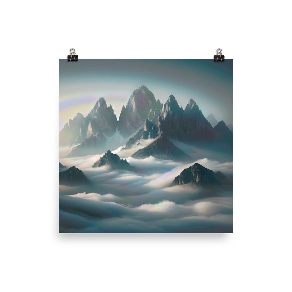 Foto eines nebligen Alpenmorgens, scharfe Gipfel ragen aus dem Nebel - Premium Poster (glänzend) berge xxx yyy zzz 30.5 x 30.5 cm
