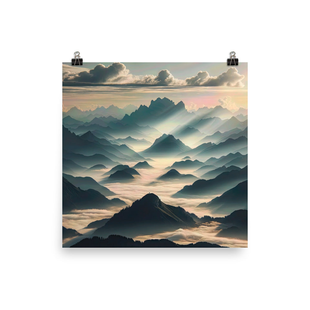 Foto der Alpen im Morgennebel, majestätische Gipfel ragen aus dem Nebel - Premium Poster (glänzend) berge xxx yyy zzz 30.5 x 30.5 cm