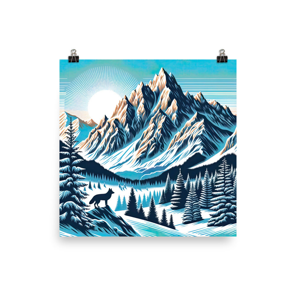 Vektorgrafik eines Wolfes im winterlichen Alpenmorgen, Berge mit Schnee- und Felsmustern - Premium Poster (glänzend) berge xxx yyy zzz 30.5 x 30.5 cm