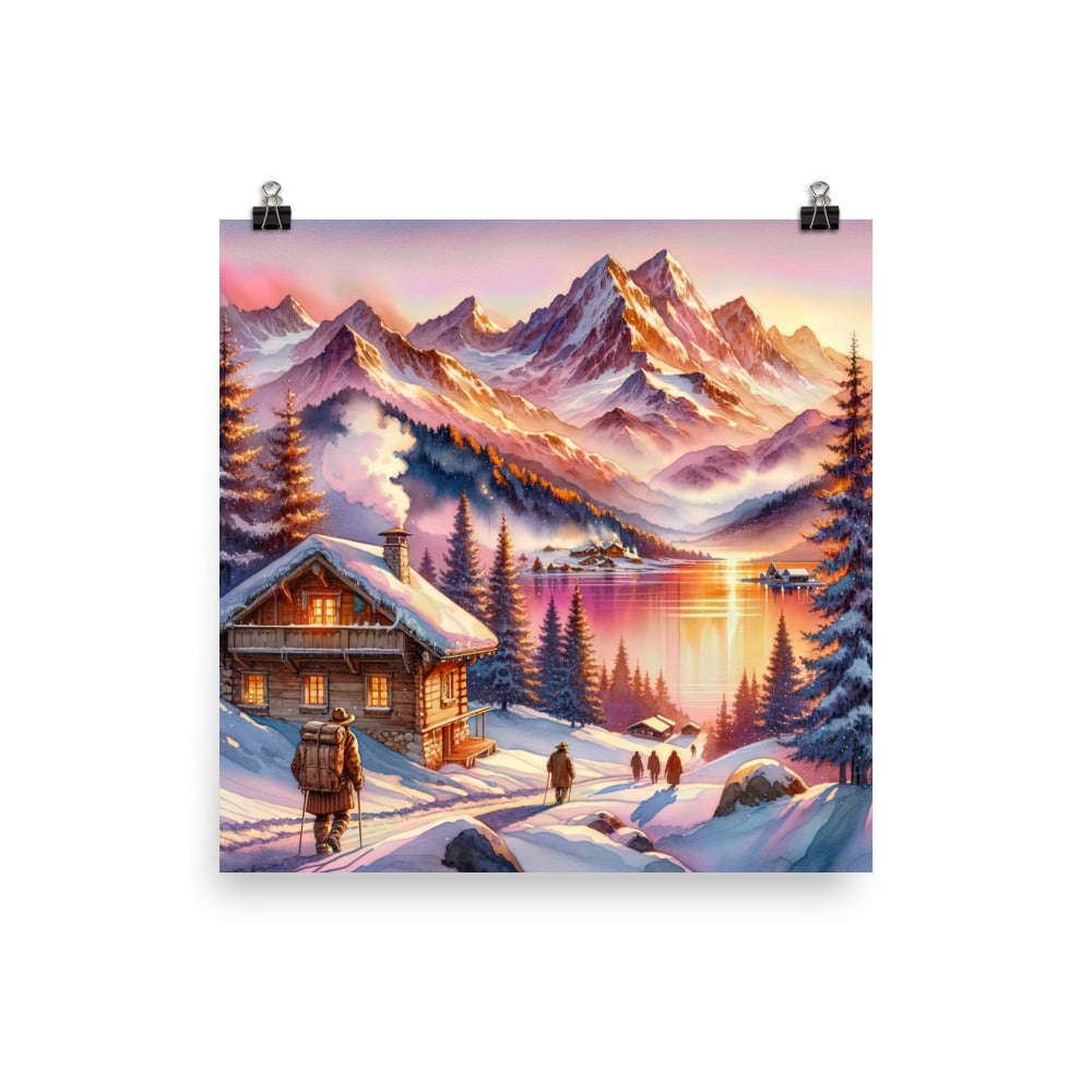 Aquarell eines Alpenpanoramas mit Wanderern bei Sonnenuntergang in Rosa und Gold - Premium Poster (glänzend) wandern xxx yyy zzz 30.5 x 30.5 cm