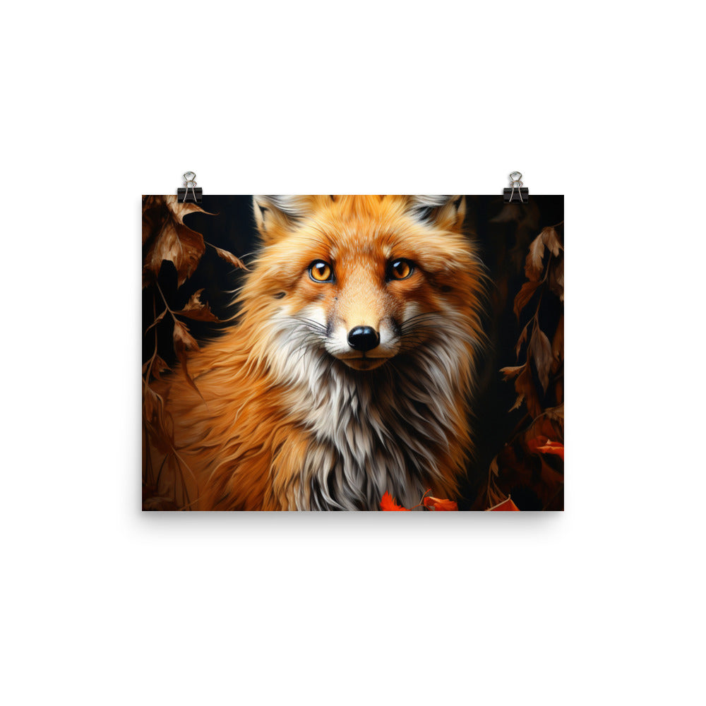 Fuchs Porträt und Herbstblätter - Malerei - Premium Poster (glänzend) camping xxx 30.5 x 40.6 cm