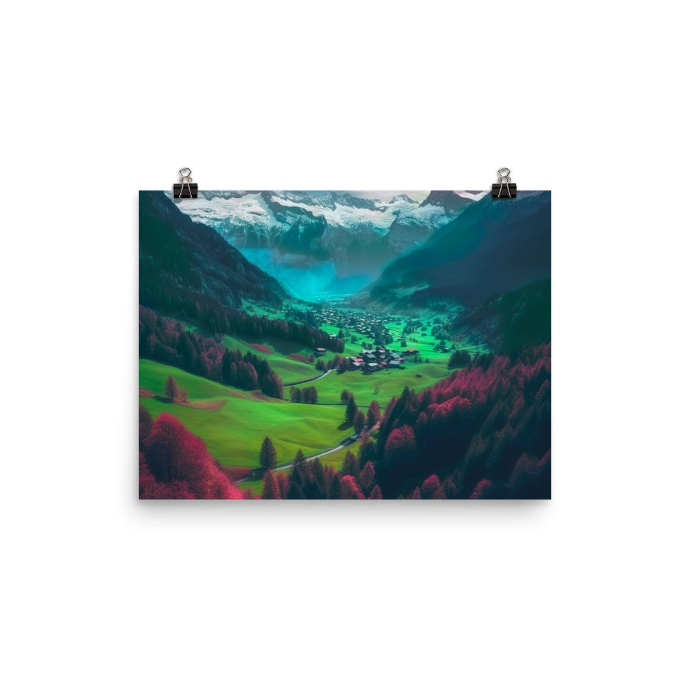 Berglandschaft und Dorf - Fotorealistische Malerei - Premium Poster (glänzend) berge xxx 30.5 x 40.6 cm
