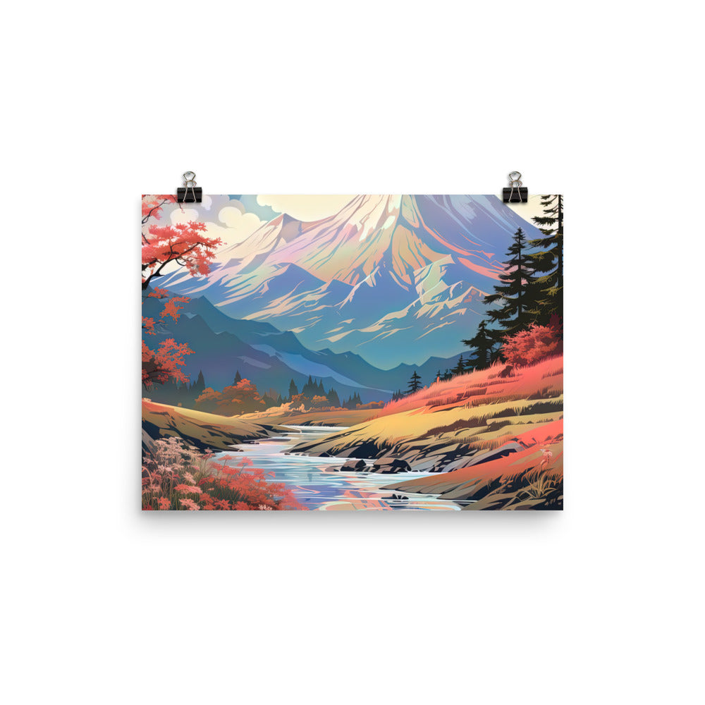 Berge. Fluss und Blumen - Malerei - Premium Poster (glänzend) berge xxx 30.5 x 40.6 cm