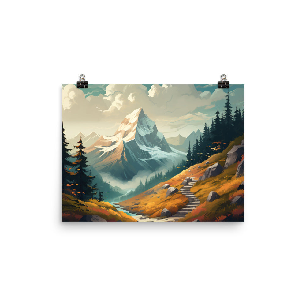 Berge, Wald und Wanderweg - Malerei - Premium Poster (glänzend) berge xxx 30.5 x 40.6 cm