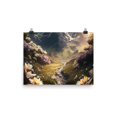 Epischer Berg, steiniger Weg und Blumen - Realistische Malerei - Premium Poster (glänzend) berge xxx 30.5 x 40.6 cm