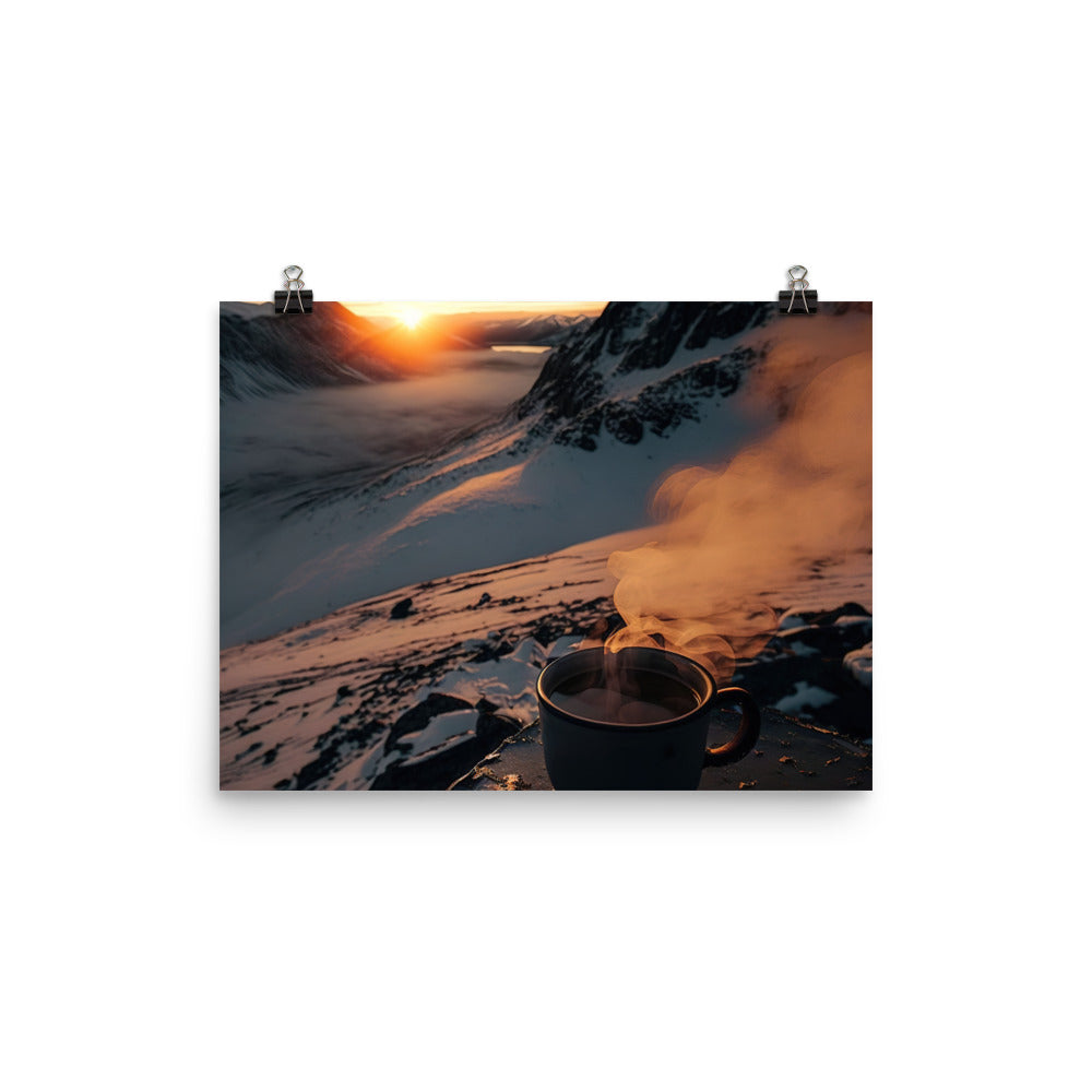 Heißer Kaffee auf einem schneebedeckten Berg - Premium Poster (glänzend) berge xxx 30.5 x 40.6 cm
