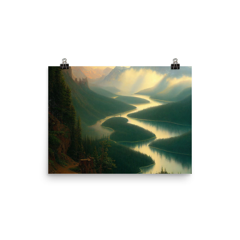Landschaft mit Bergen, See und viel grüne Natur - Malerei - Premium Poster (glänzend) berge xxx 30.5 x 40.6 cm
