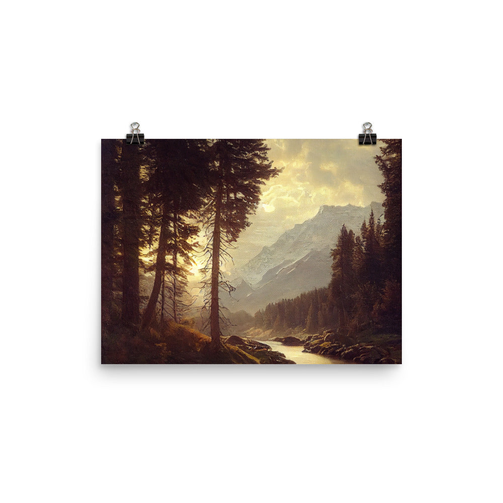 Landschaft mit Bergen, Fluss und Bäumen - Malerei - Premium Poster (glänzend) berge xxx 30.5 x 40.6 cm