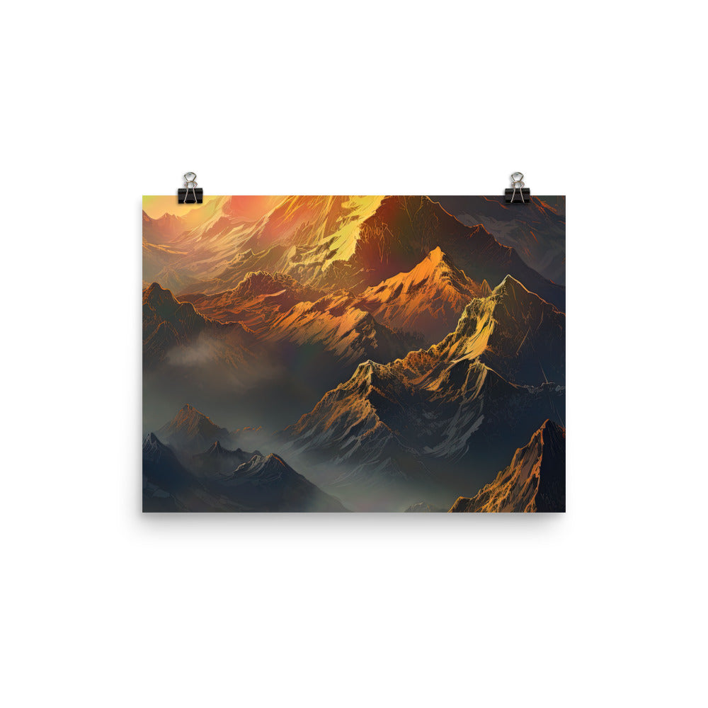 Wunderschöne Himalaya Gebirge im Nebel und Sonnenuntergang - Malerei - Premium Poster (glänzend) berge xxx 30.5 x 40.6 cm