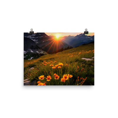 Gebirge, Sonnenblumen und Sonnenaufgang - Premium Poster (glänzend) berge xxx 30.5 x 40.6 cm