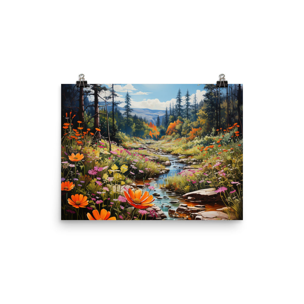 Berge, schöne Blumen und Bach im Wald - Premium Poster (glänzend) berge xxx 30.5 x 40.6 cm