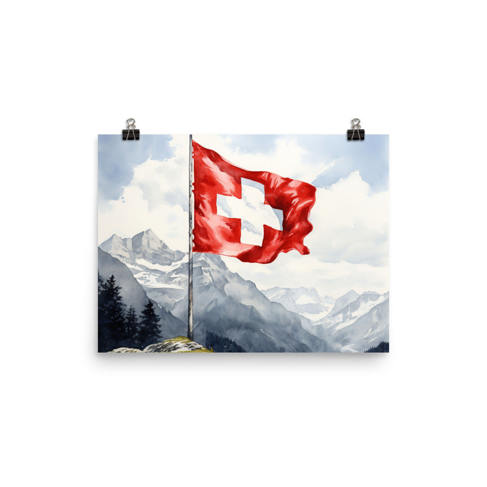 Schweizer Flagge und Berge im Hintergrund - Epische Stimmung - Malerei - Premium Poster (glänzend) berge xxx 30.5 x 40.6 cm