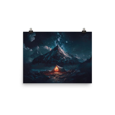 Zelt und Berg in der Nacht - Sterne am Himmel - Landschaftsmalerei - Premium Poster (glänzend) camping xxx 30.5 x 40.6 cm