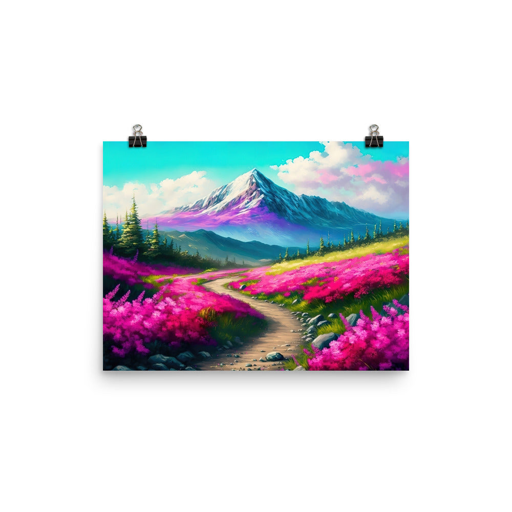 Berg, pinke Blumen und Wanderweg - Landschaftsmalerei - Premium Poster (glänzend) berge xxx 30.5 x 40.6 cm