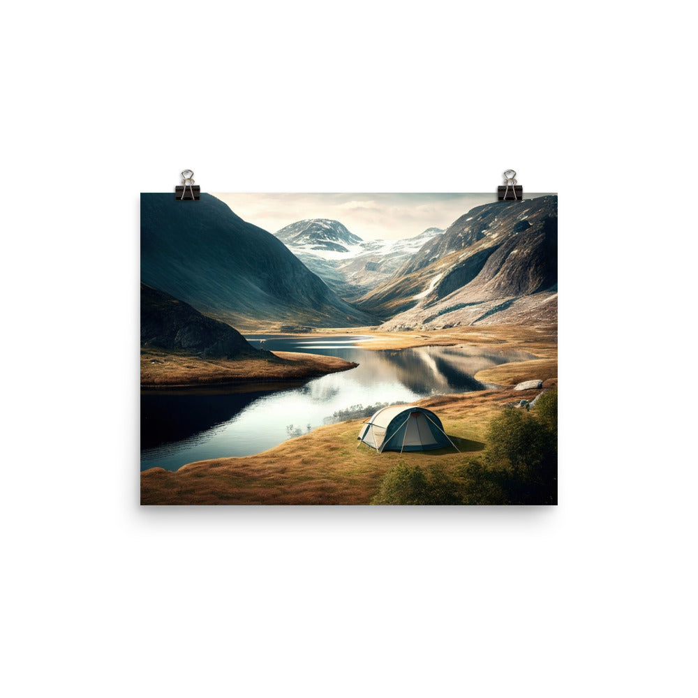 Zelt, Berge und Bergsee - Premium Poster (glänzend) camping xxx 30.5 x 40.6 cm