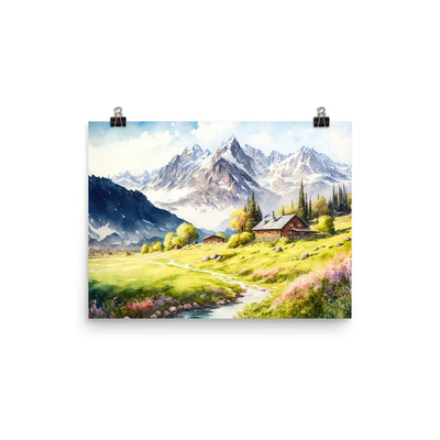Epische Berge und Berghütte - Landschaftsmalerei - Premium Poster (glänzend) berge xxx 30.5 x 40.6 cm