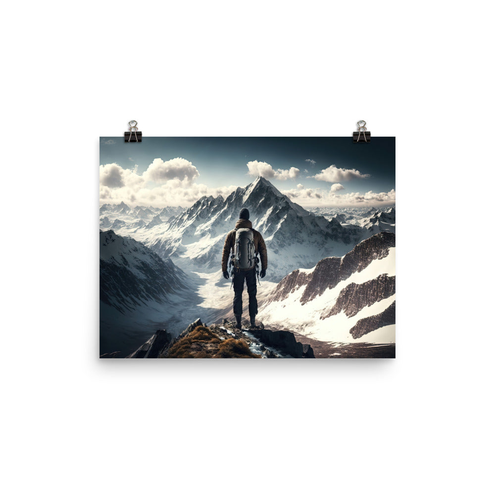 Wanderer auf Berg von hinten - Malerei - Premium Poster (glänzend) berge xxx 30.5 x 40.6 cm