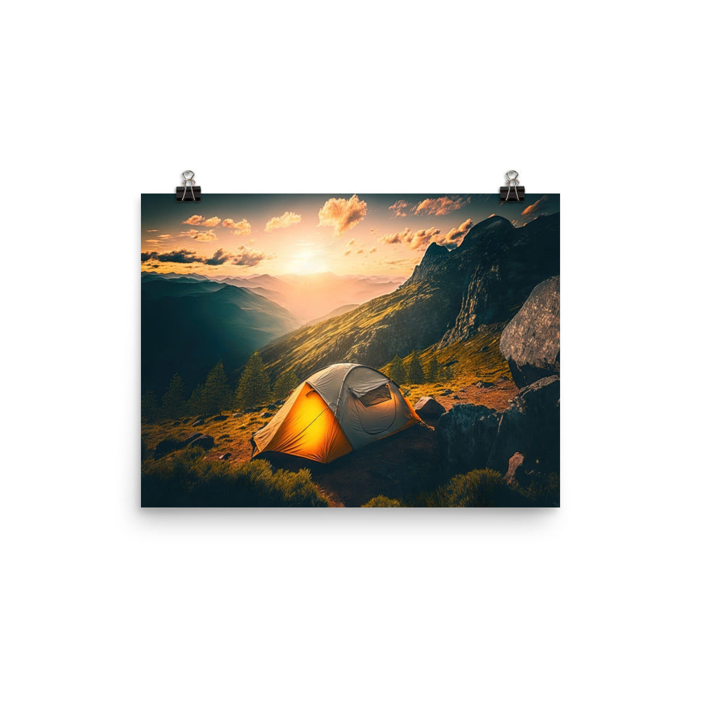 Zelt auf Berg im Sonnenaufgang - Landschafts - Premium Poster (glänzend) camping xxx 30.5 x 40.6 cm