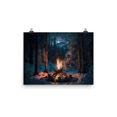 Lagerfeuer beim Camping - Wald mit Schneebedeckten Bäumen - Malerei - Premium Poster (glänzend) camping xxx 30.5 x 40.6 cm