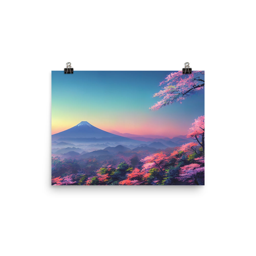 Berg und Wald mit pinken Bäumen - Landschaftsmalerei - Premium Poster (glänzend) berge xxx 30.5 x 40.6 cm