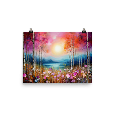 Berge, See, pinke Bäume und Blumen - Malerei - Premium Poster (glänzend) berge xxx 30.5 x 40.6 cm