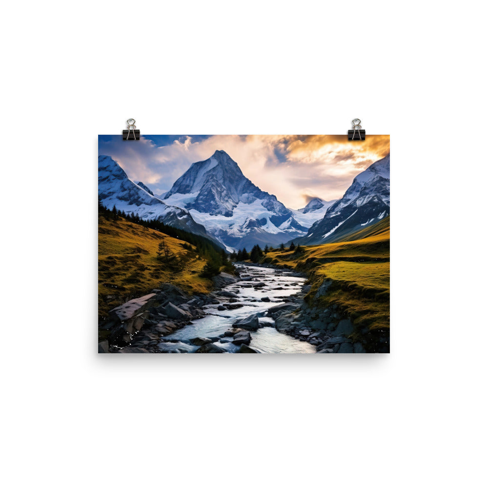 Berge und steiniger Bach - Epische Stimmung - Premium Poster (glänzend) berge xxx 30.5 x 40.6 cm