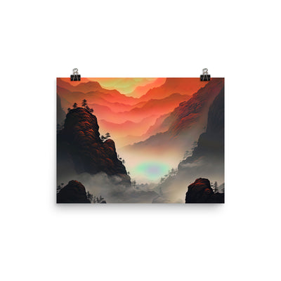 Gebirge, rote Farben und Nebel - Episches Kunstwerk - Premium Poster (glänzend) berge xxx 30.5 x 40.6 cm