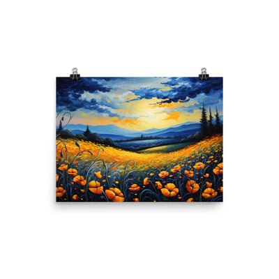 Berglandschaft mit schönen gelben Blumen - Landschaftsmalerei - Premium Poster (glänzend) berge xxx 30.5 x 40.6 cm