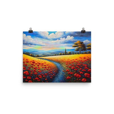 Feld mit roten Blumen und Berglandschaft - Landschaftsmalerei - Premium Poster (glänzend) berge xxx 30.5 x 40.6 cm