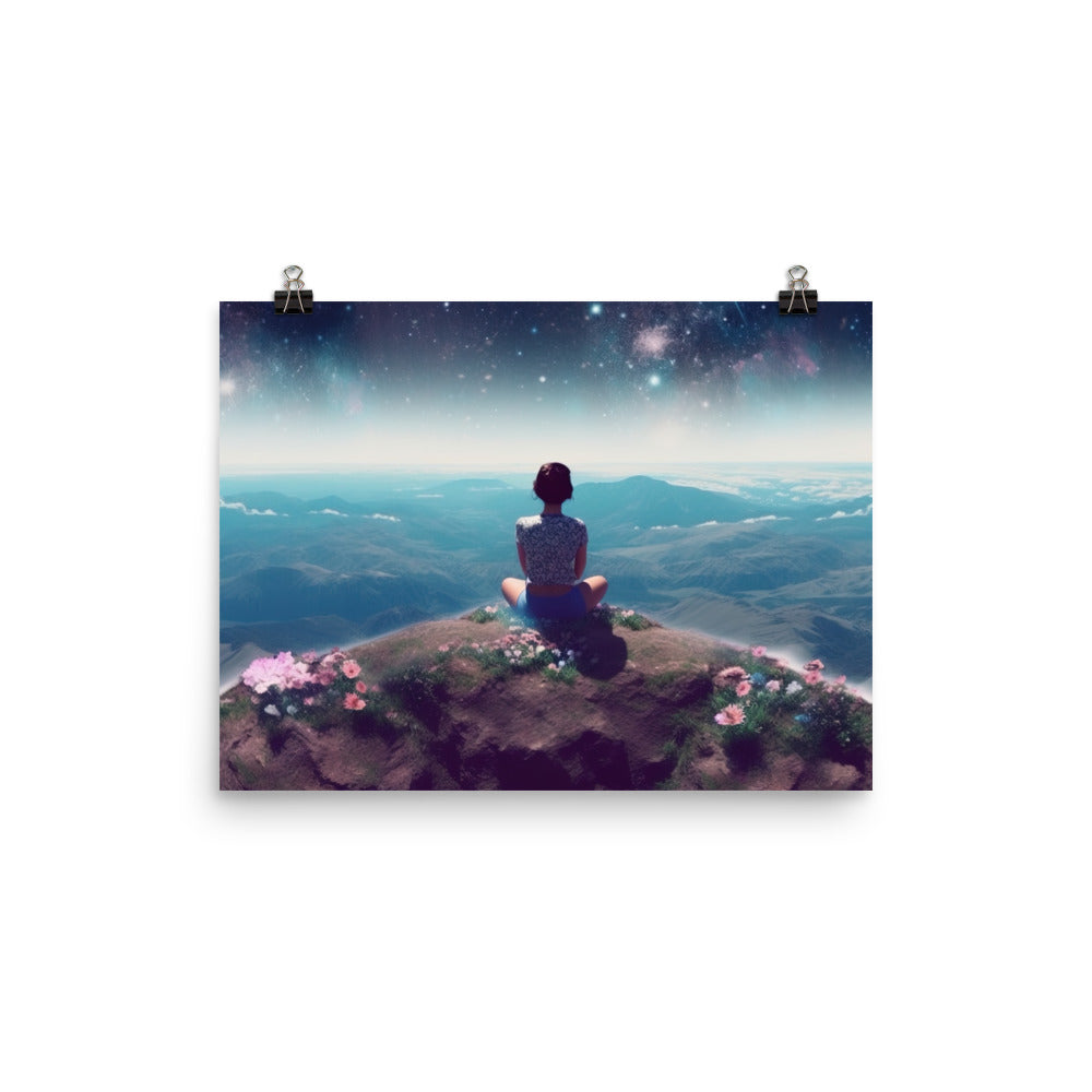 Frau sitzt auf Berg – Cosmos und Sterne im Hintergrund - Landschaftsmalerei - Premium Poster (glänzend) berge xxx 30.5 x 40.6 cm