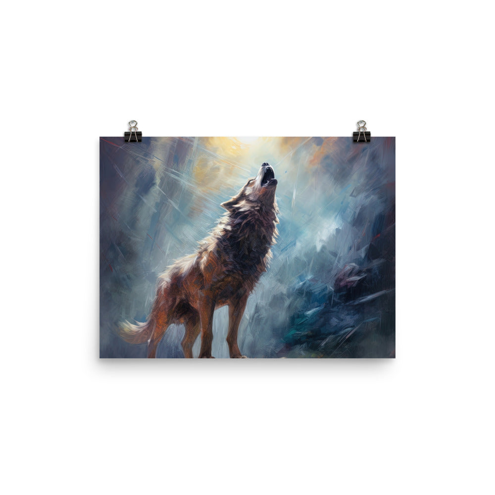 Heulender Wolf auf Berggipfel und Mond im Hintergrund – Abstrakte Malerei - Premium Poster (glänzend) camping xxx 30.5 x 40.6 cm