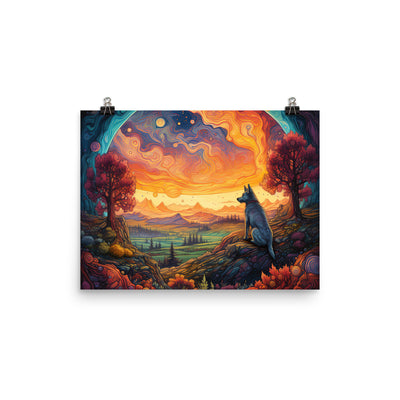 Hund auf Felsen - Epische bunte Landschaft - Malerei - Premium Poster (glänzend) camping xxx 30.5 x 40.6 cm
